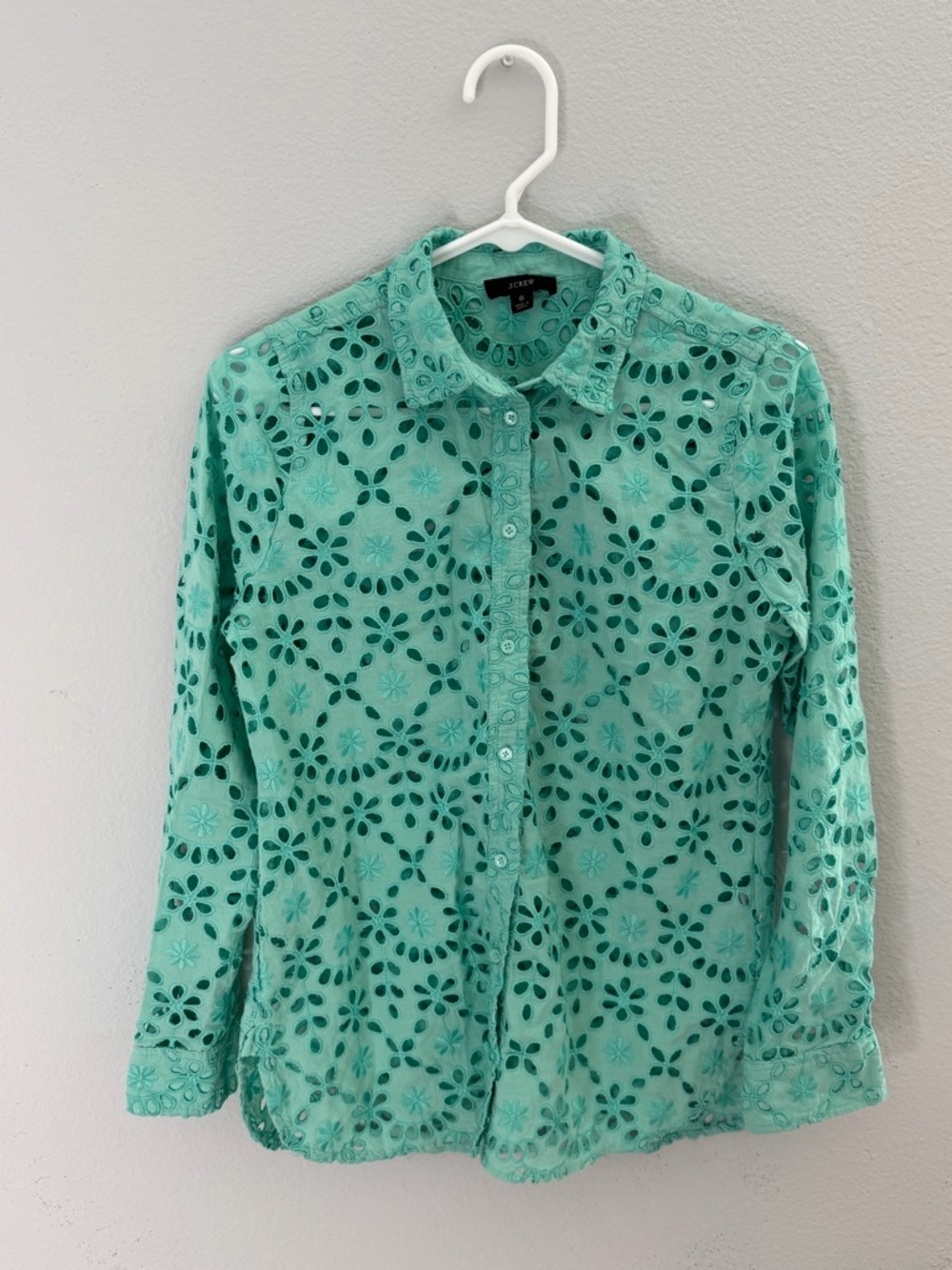 J. Crew Women’s Mint Crochet Green Eyelet Button-Down Shirt- Size 6
